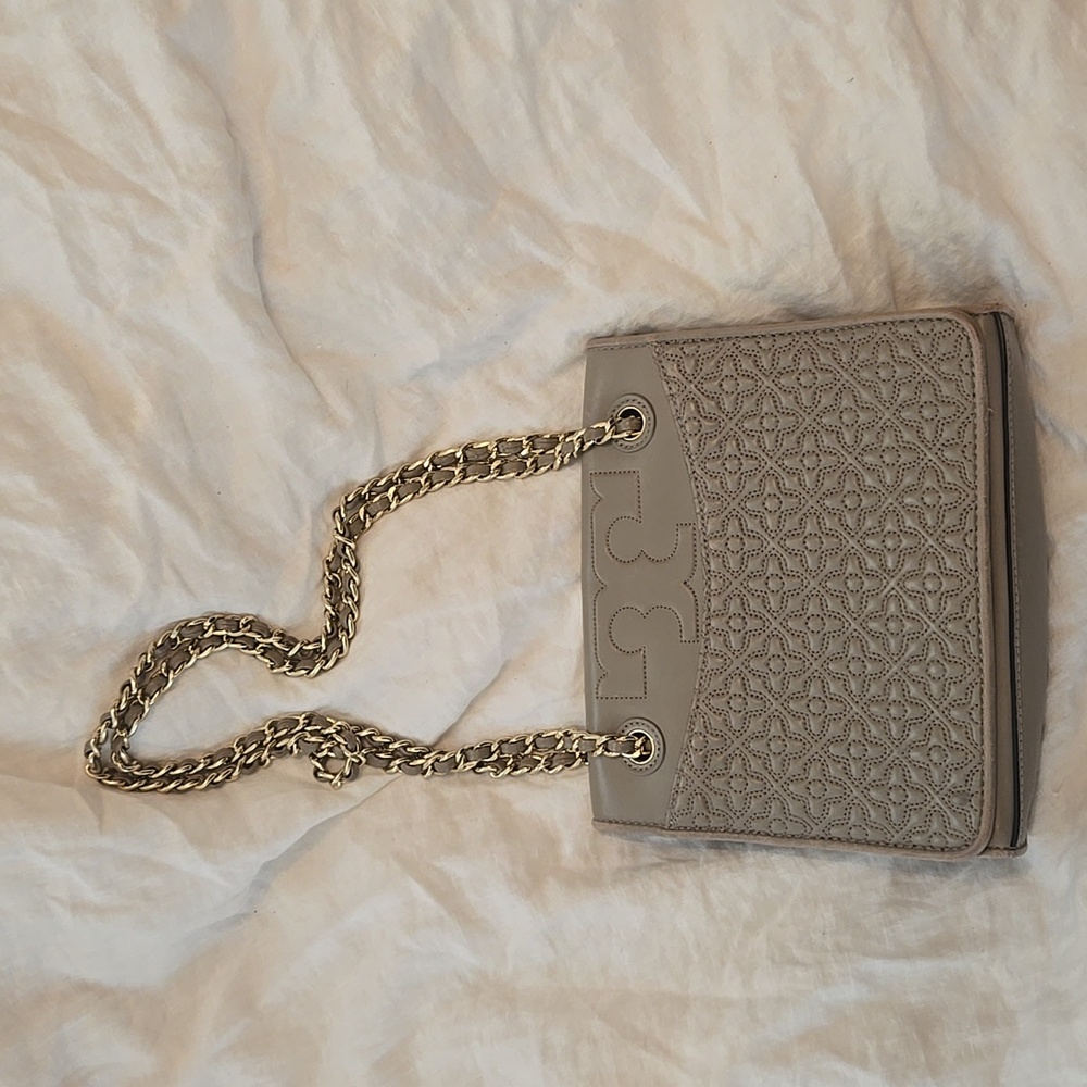 Tory Burch gray quilted leather flap bag